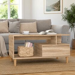Warm Brown Coffee Table with Storage Drawer and Open Shelves