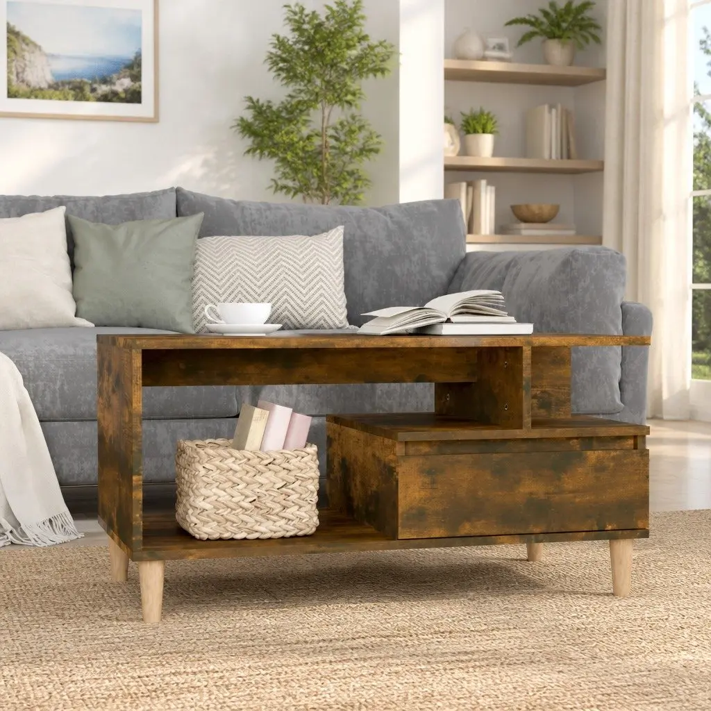 Coffee Table Smoked Oak 90L x 49W x 45H cm Engineered Wood with Drawer Storage