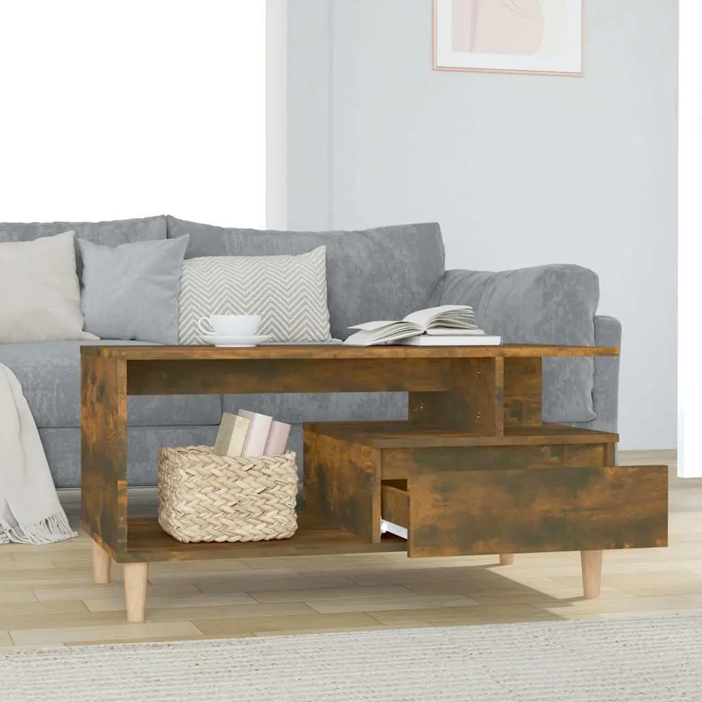 Coffee Table Smoked Oak 90L x 49W x 45H cm Engineered Wood with Drawer Storage