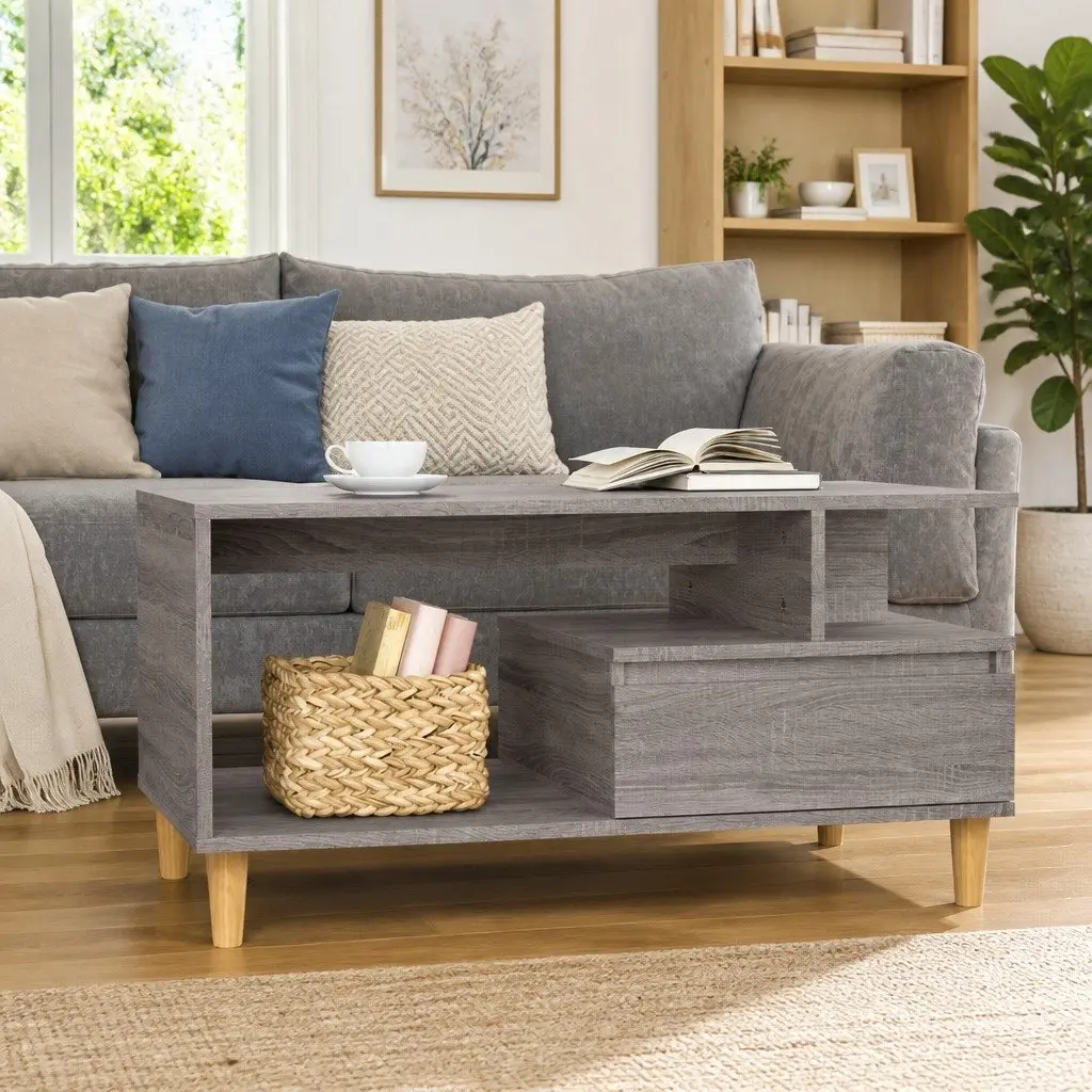 Coffee Table Grey Sonoma 90x49x45cm Engineered Wood Open Compartment Drawer Storage Accent Table