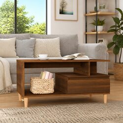 Brown Oak Coffee Table with Open Compartments and Drawer