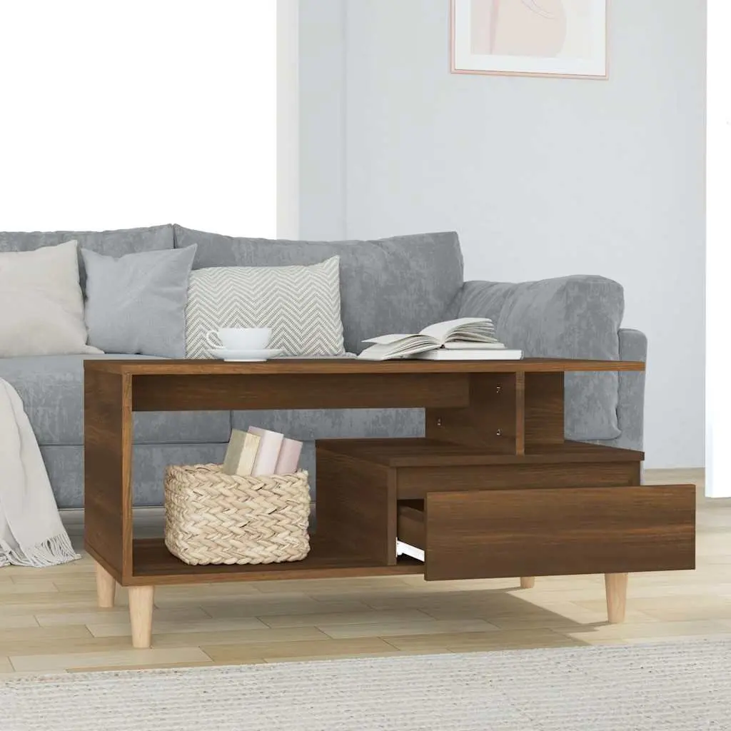 Coffee Table Brown Oak Engineered Wood 90 x 49 x 45 cm with Open Compartment and Drawer