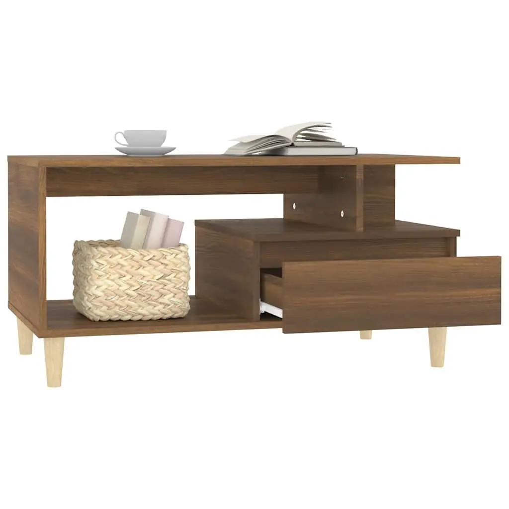 Coffee Table Brown Oak Engineered Wood 90 x 49 x 45 cm with Open Compartment and Drawer
