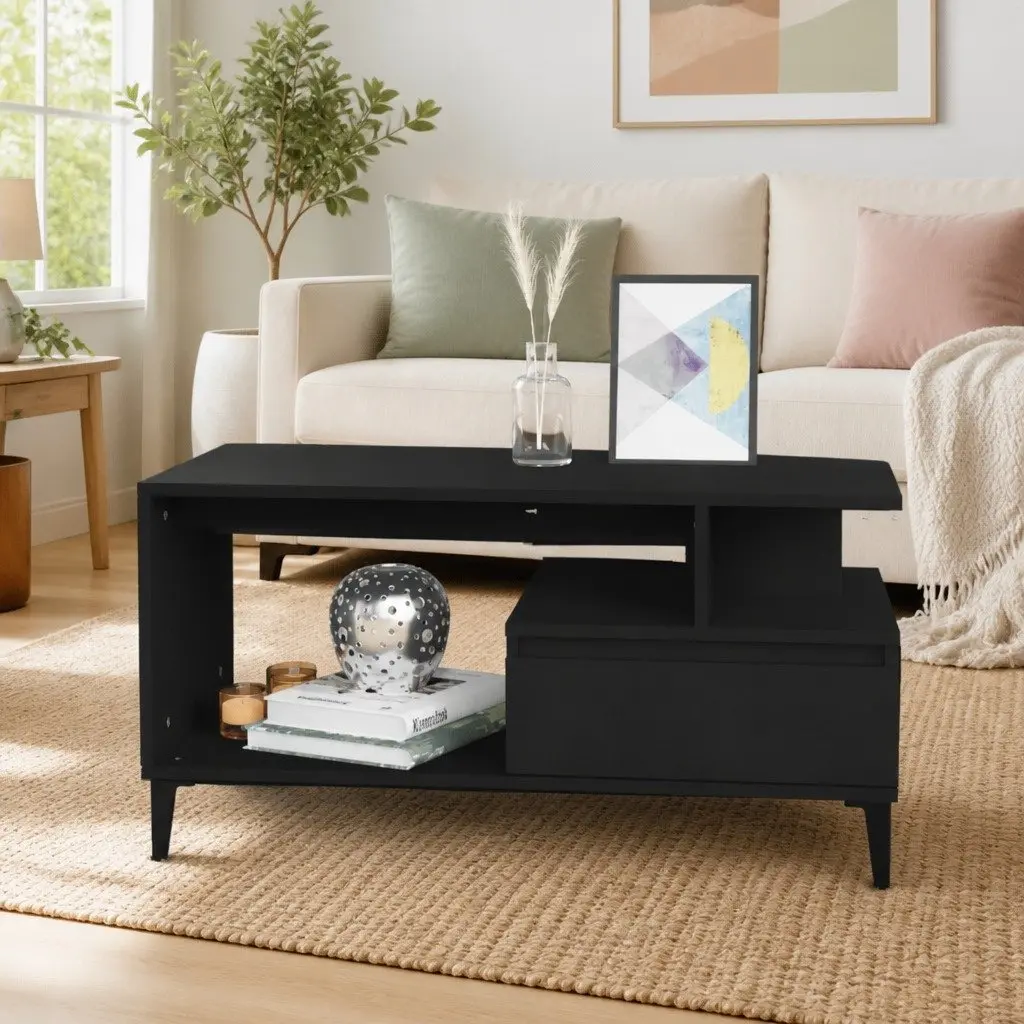 Black Engineered Wood Coffee Table for Living Room