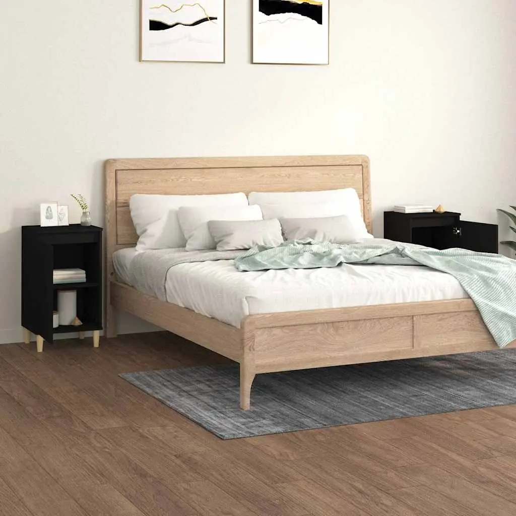 Black Engineered Wood Bedside Cabinet 2 Piece Nightstand Storage 40x35x70 cm