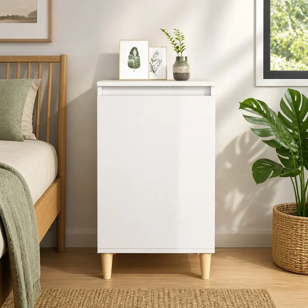 Bedside Cabinet White High Gloss 40x35x70cm Wooden Legs Storage Table