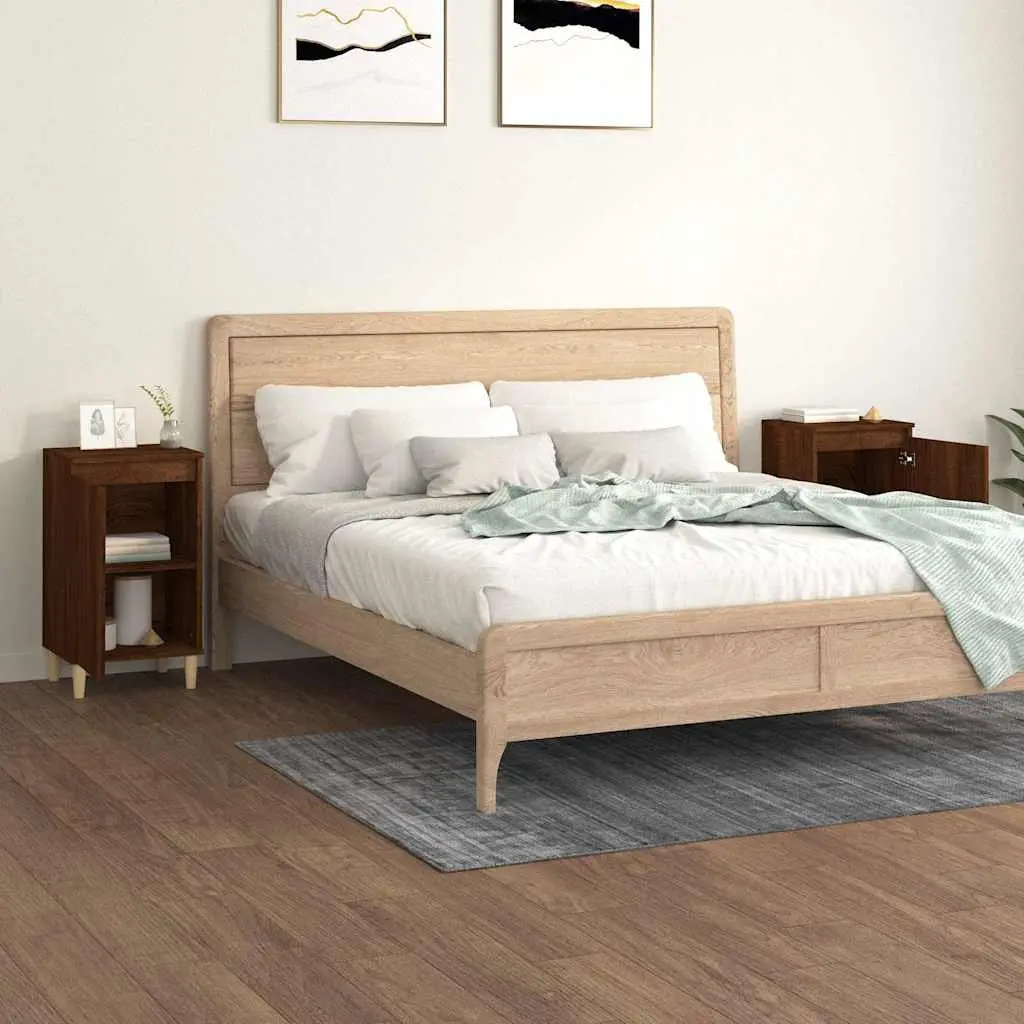 Brown Oak Nightstand with 2 Compartments