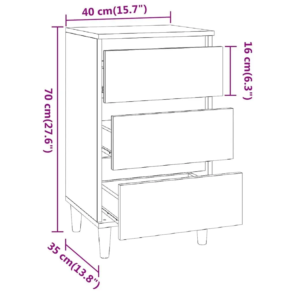 Nightstand Grey Engineered Wood 40x35x70cm 3 Drawer Bedside Cabinet