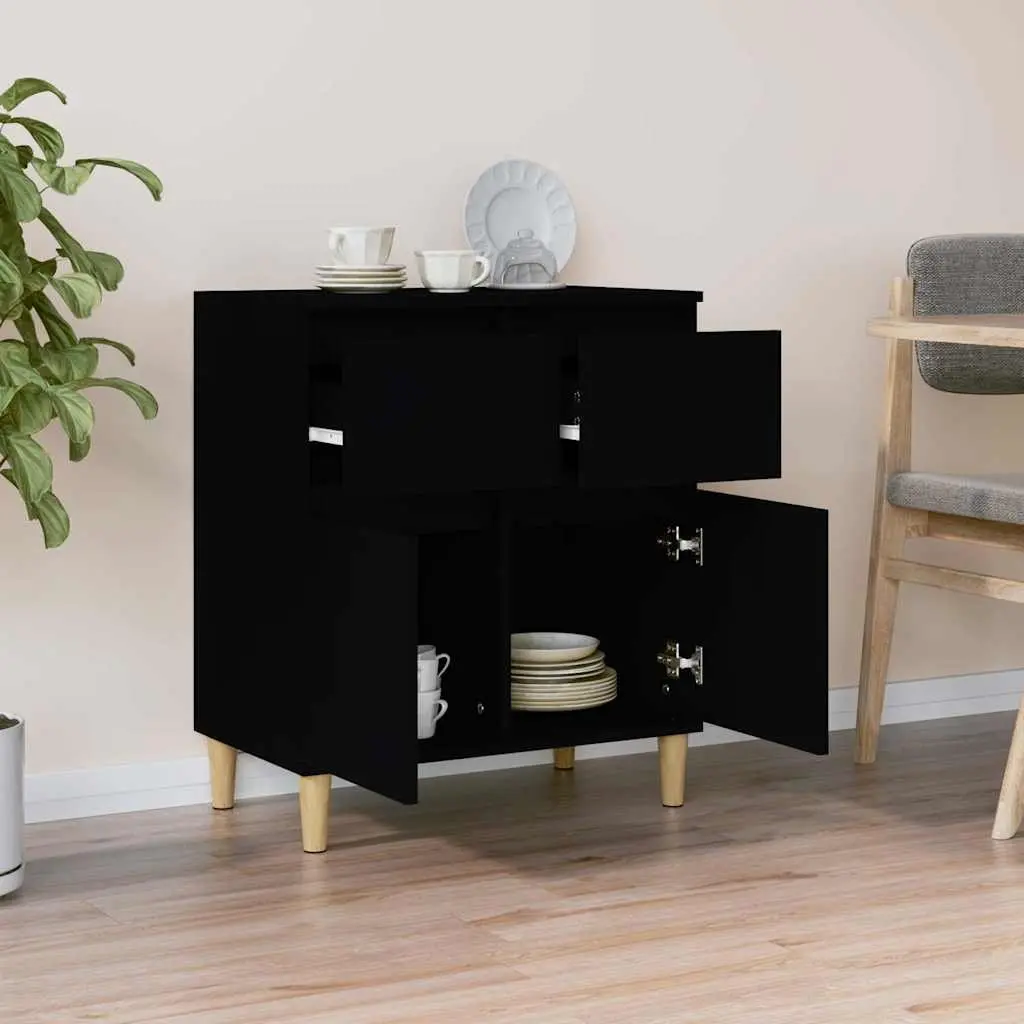 Sideboard Black 60x35x70 cm Engineered Wood with Solid Eucalyptus Wood Feet 2 Drawers 2 Doors