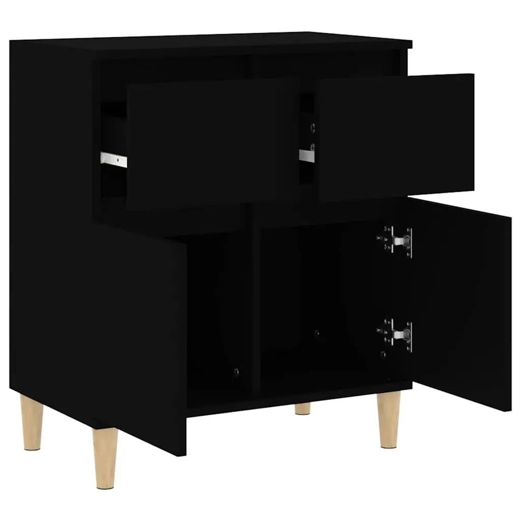 Sideboard Black 60x35x70 cm Engineered Wood with Solid Eucalyptus Wood Feet 2 Drawers 2 Doors