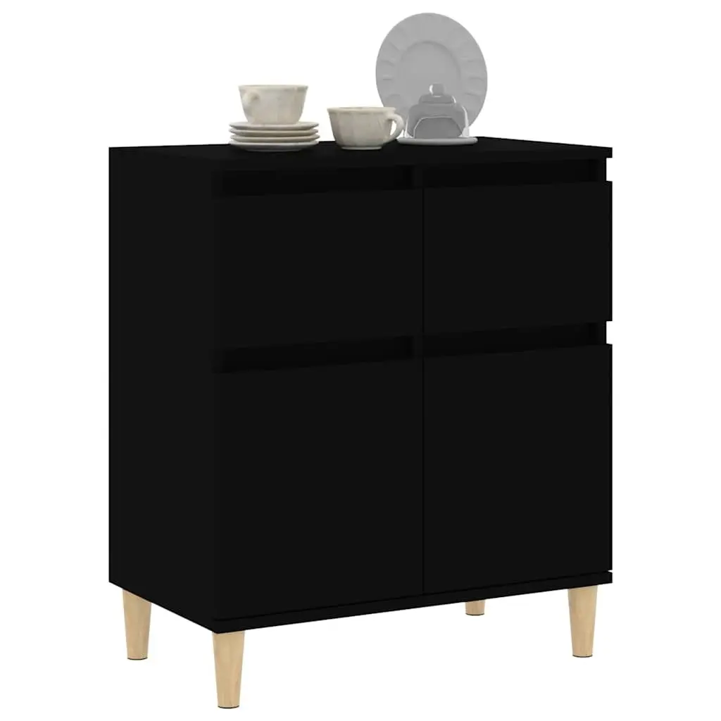 Sideboard Black 60x35x70 cm Engineered Wood with Solid Eucalyptus Wood Feet 2 Drawers 2 Doors
