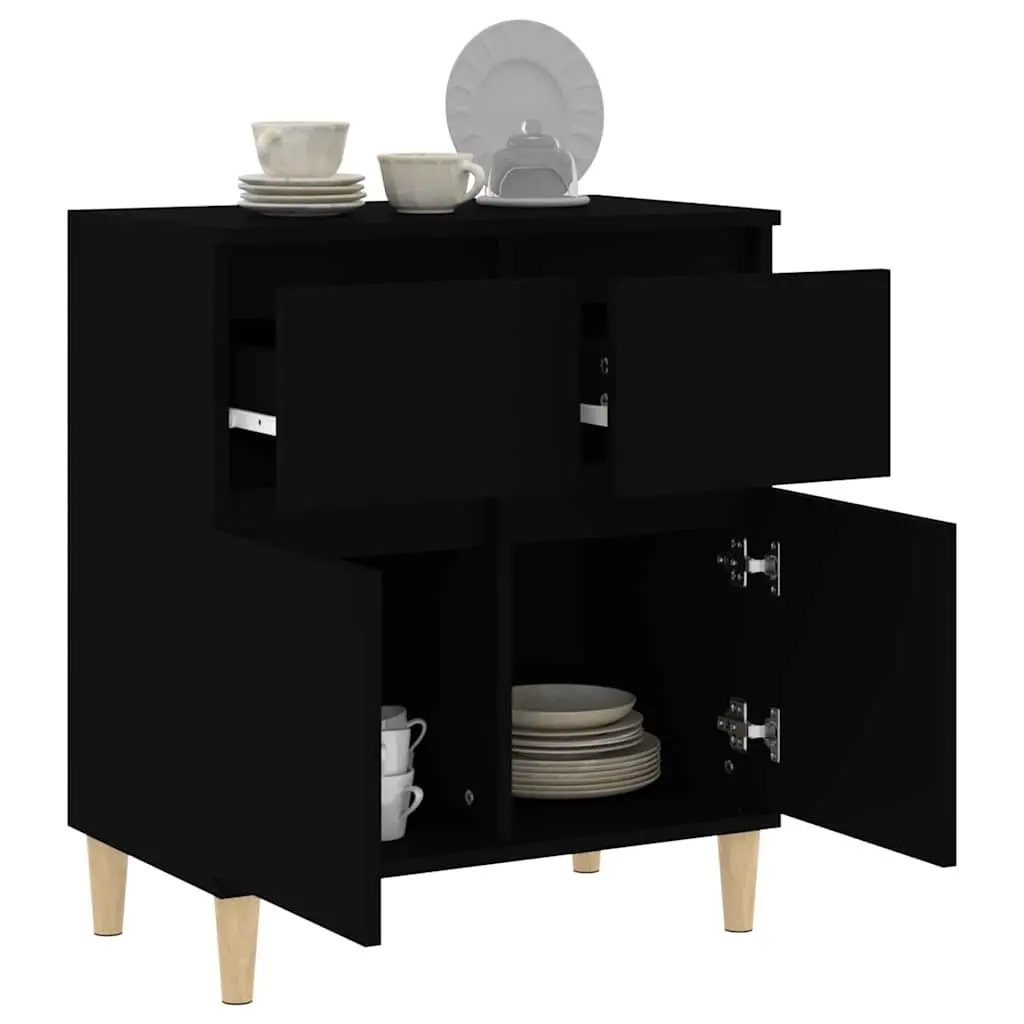 Sideboard Black 60x35x70 cm Engineered Wood with Solid Eucalyptus Wood Feet 2 Drawers 2 Doors