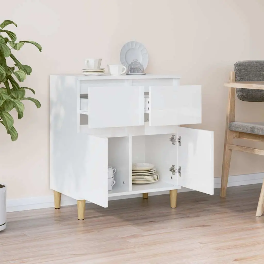 Sideboard High Gloss White 60x35x70cm Engineered Wood with Eucalyptus Wood Feet