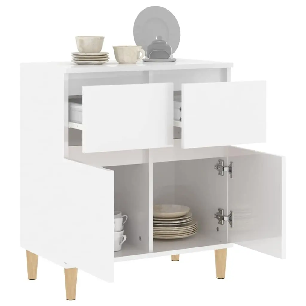Sideboard High Gloss White 60x35x70cm Engineered Wood with Eucalyptus Wood Feet