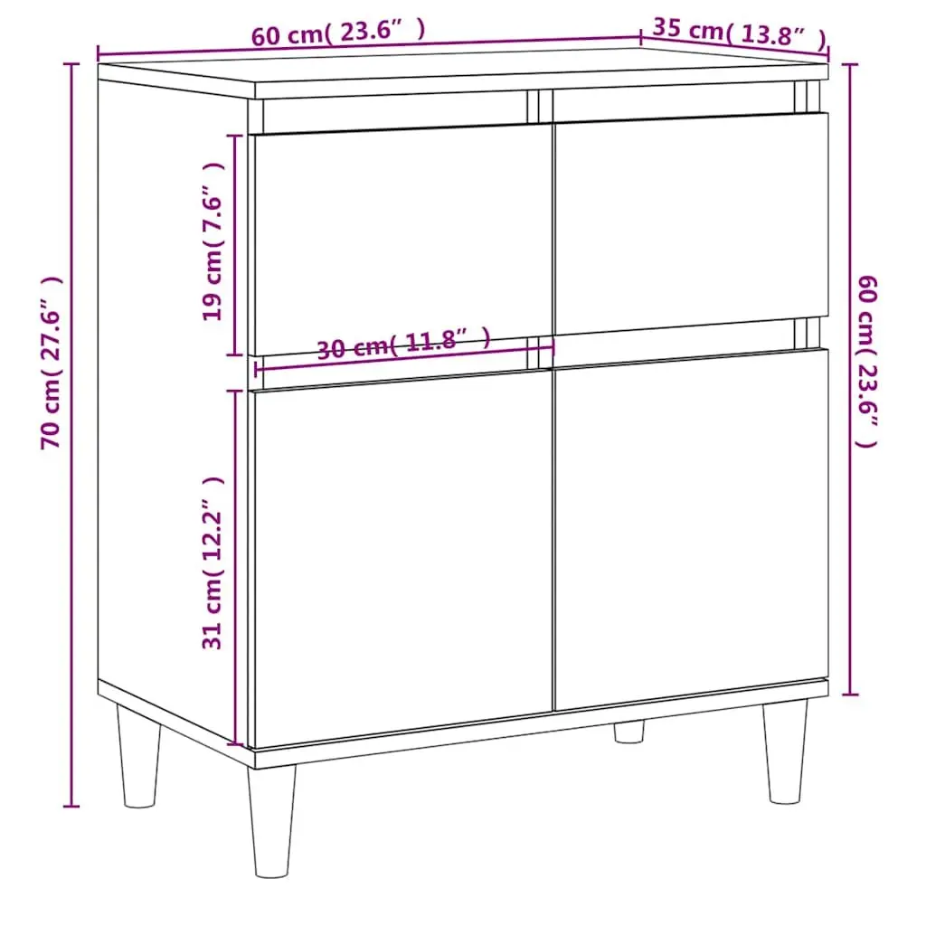 Sideboard High Gloss White 60x35x70cm Engineered Wood with Eucalyptus Wood Feet