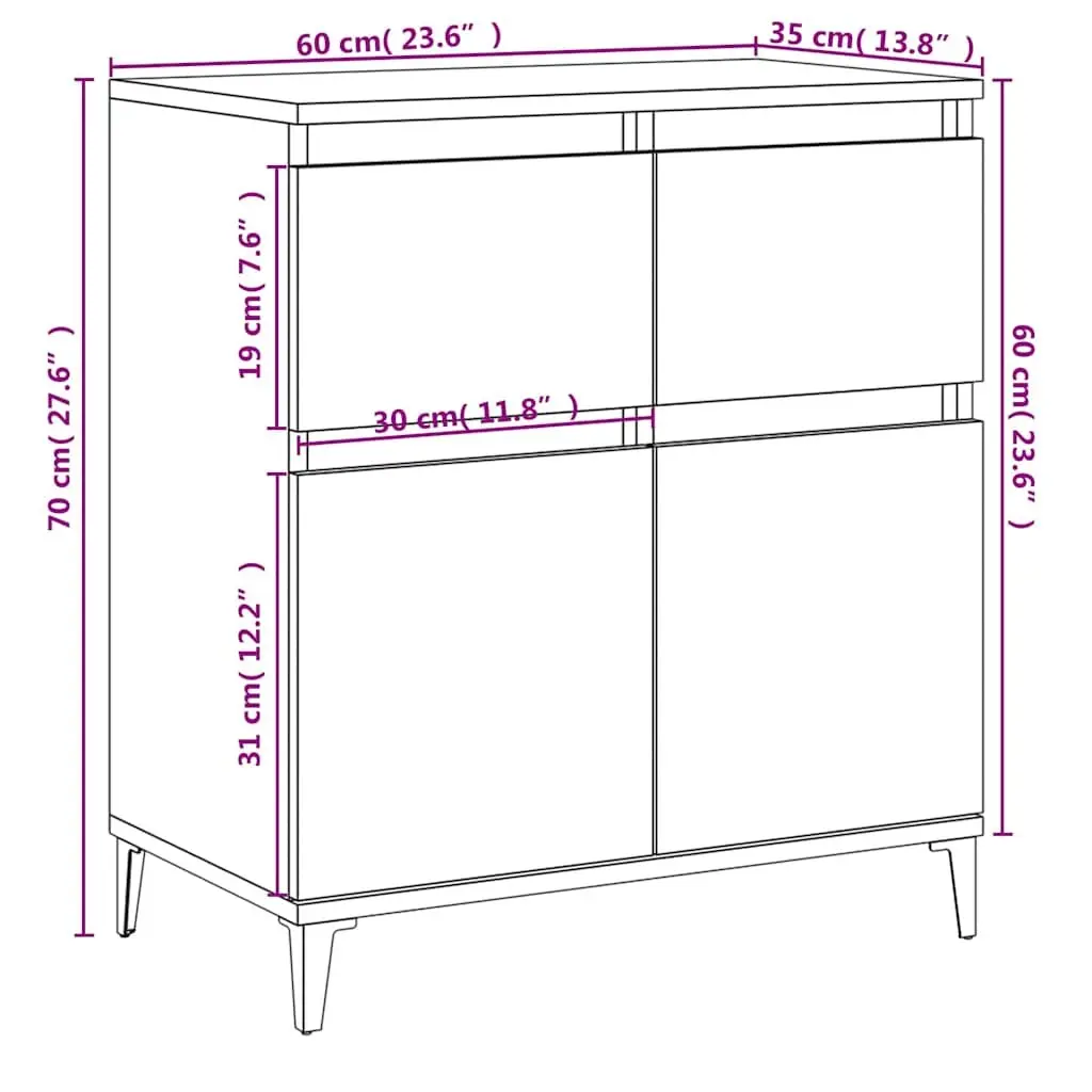 Sideboard High Gloss White 60x35x70cm Engineered Wood 2 Drawer