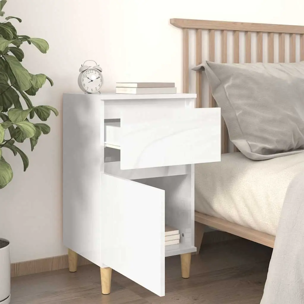 Bedside Cabinets White High Gloss 2 pcs Engineered Wood Nightstand Storage Furniture Set