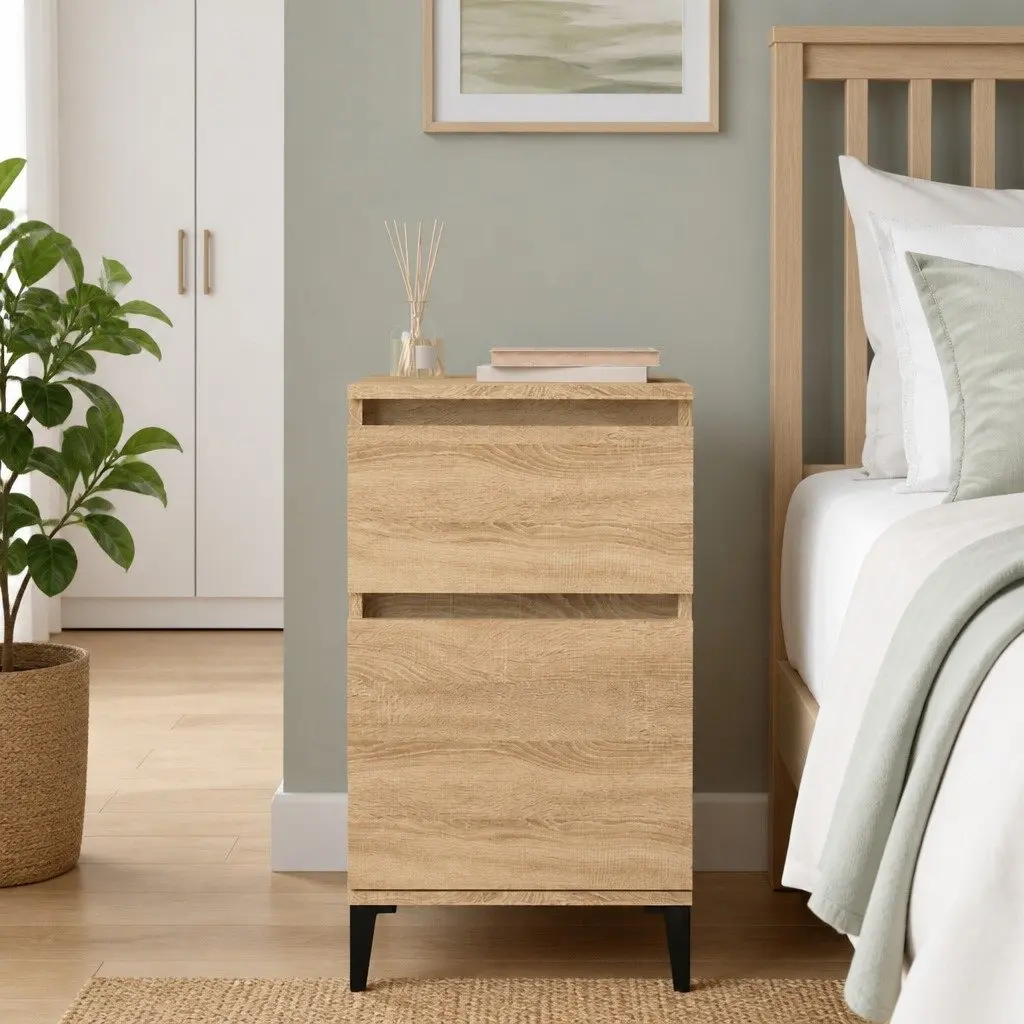 Bedside Table Brown Engineered Wood Storage Drawer Nightstand Bedroom Furniture