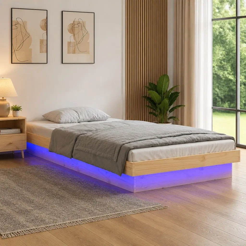 Solid Wood LED Bed Frame 90x190 cm Brown Single Bedroom Furniture Remote Control