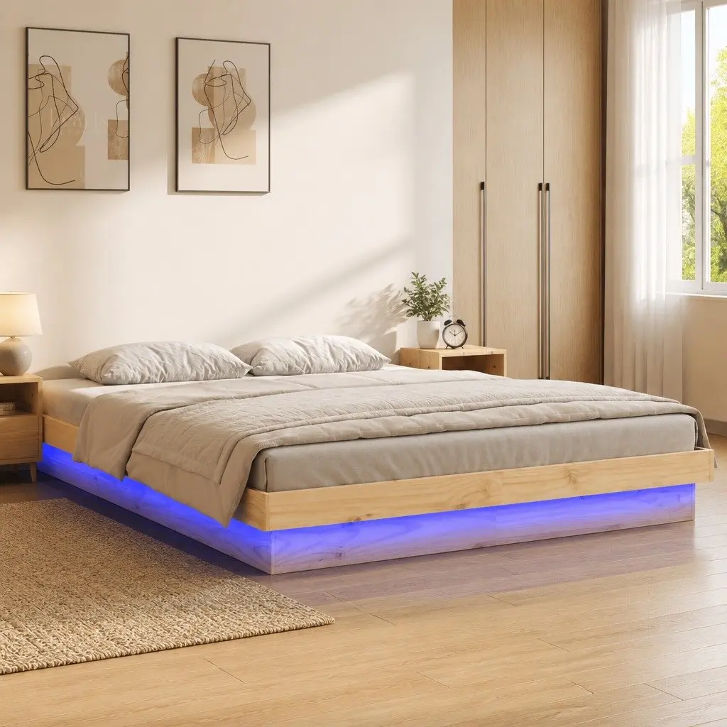 Solid Pine Bed Frame with LED Lights 135x190 cm