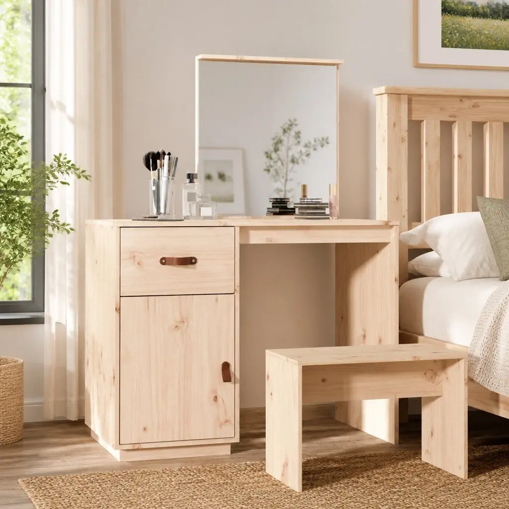 Solid Pine Wood Dressing Table with Mirror and Storage