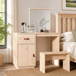 Solid Pine Wood Dressing Table with Mirror and Storage