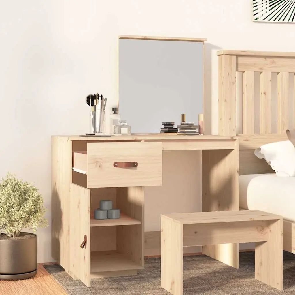 Solid Pine Wood Dressing Table with Mirror and Storage