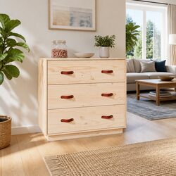 Brown Solid Pine Wood Sideboard with 3 Drawers