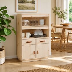 Pine Wood Highboard Sideboard with Drawers and Shelves