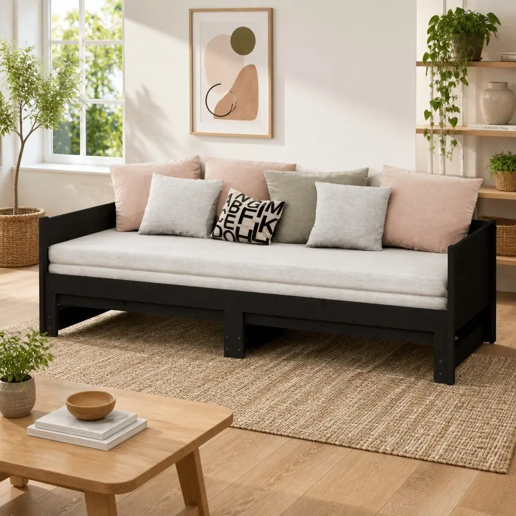 Wooden Pull-out Day Bed Sofa Bed Frame in Black