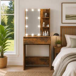 Elegant Dressing Table with LED Mirror in Smoked Oak