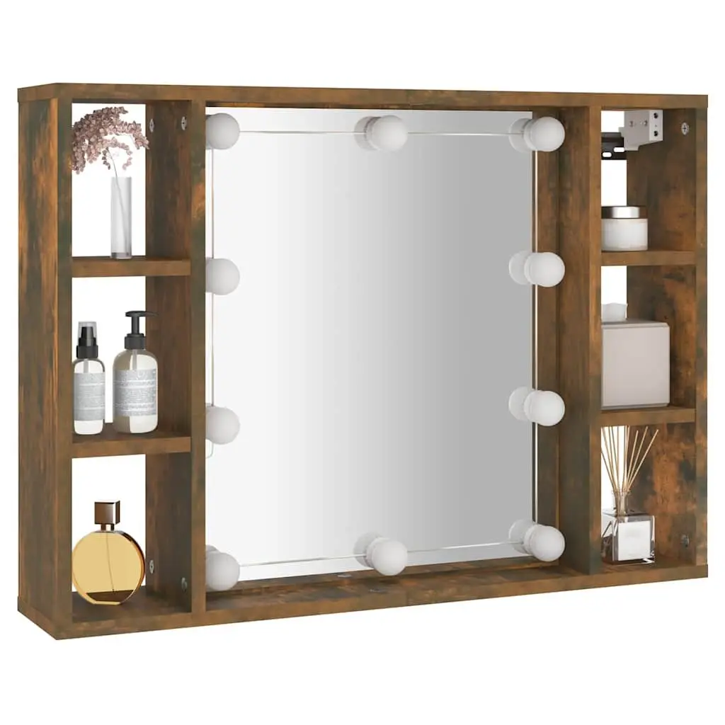 Mirror Cabinet LED Lights Wall-Mounted Bathroom Storage Organizer Brown Engineered Wood 76 x 15 x 55 cm