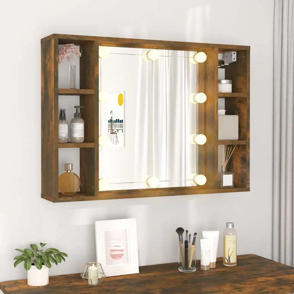 Mirror Cabinet LED Lights Wall-Mounted Bathroom Storage Organizer Brown Engineered Wood 76 x 15 x 55 cm