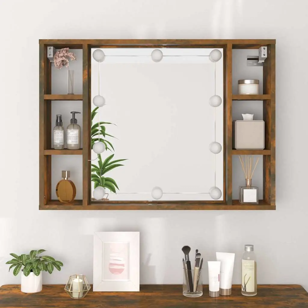 Mirror Cabinet LED Lights Wall-Mounted Bathroom Storage Organizer Brown Engineered Wood 76 x 15 x 55 cm