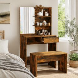Smoked Oak Brown Dressing Table with Mirror and Storage