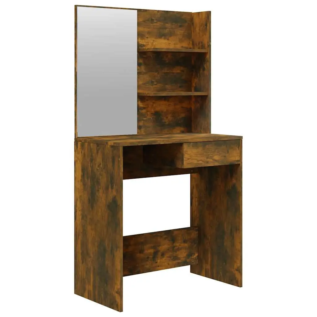 Smoked Oak Brown Dressing Table with Mirror and Storage