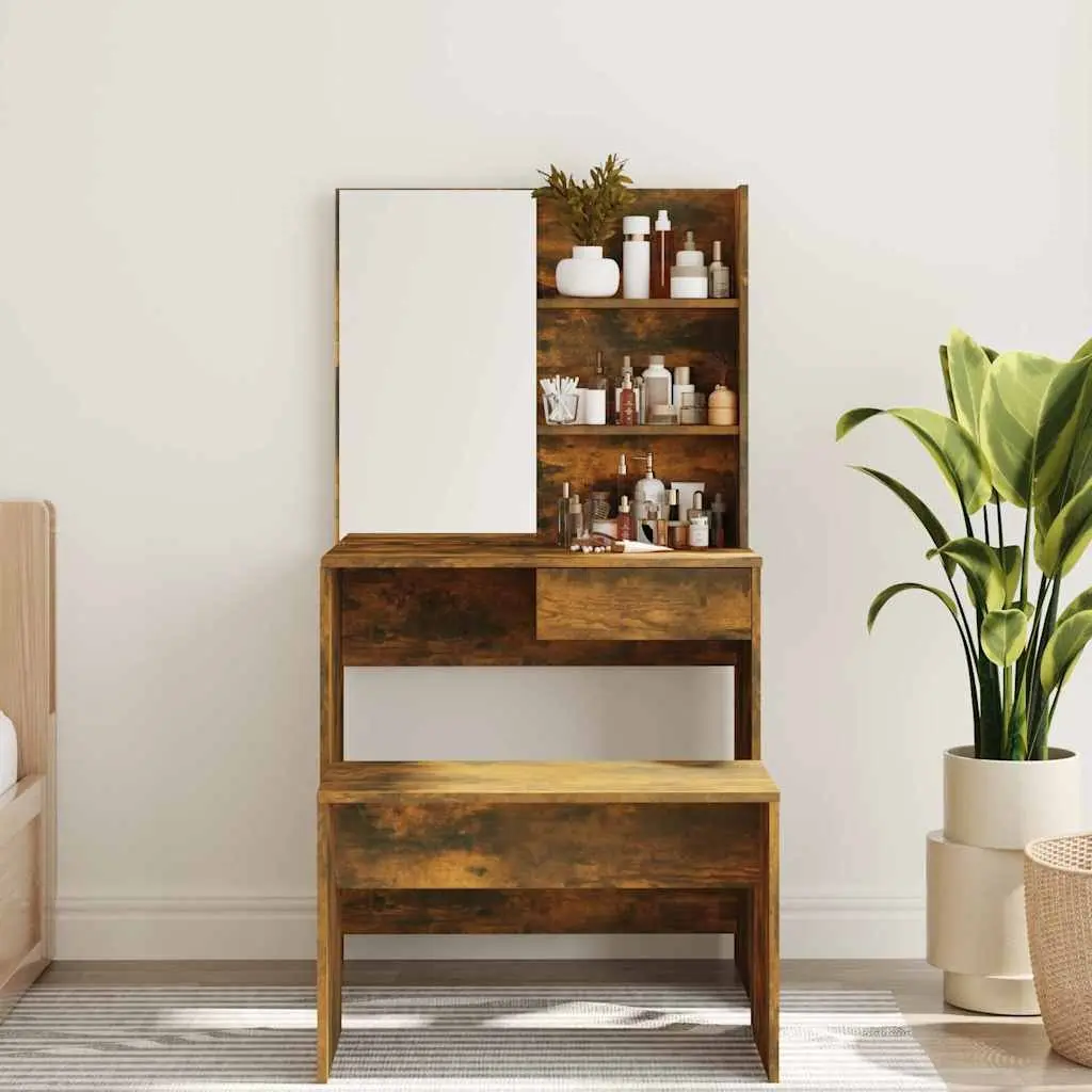 Smoked Oak Brown Dressing Table with Mirror and Storage