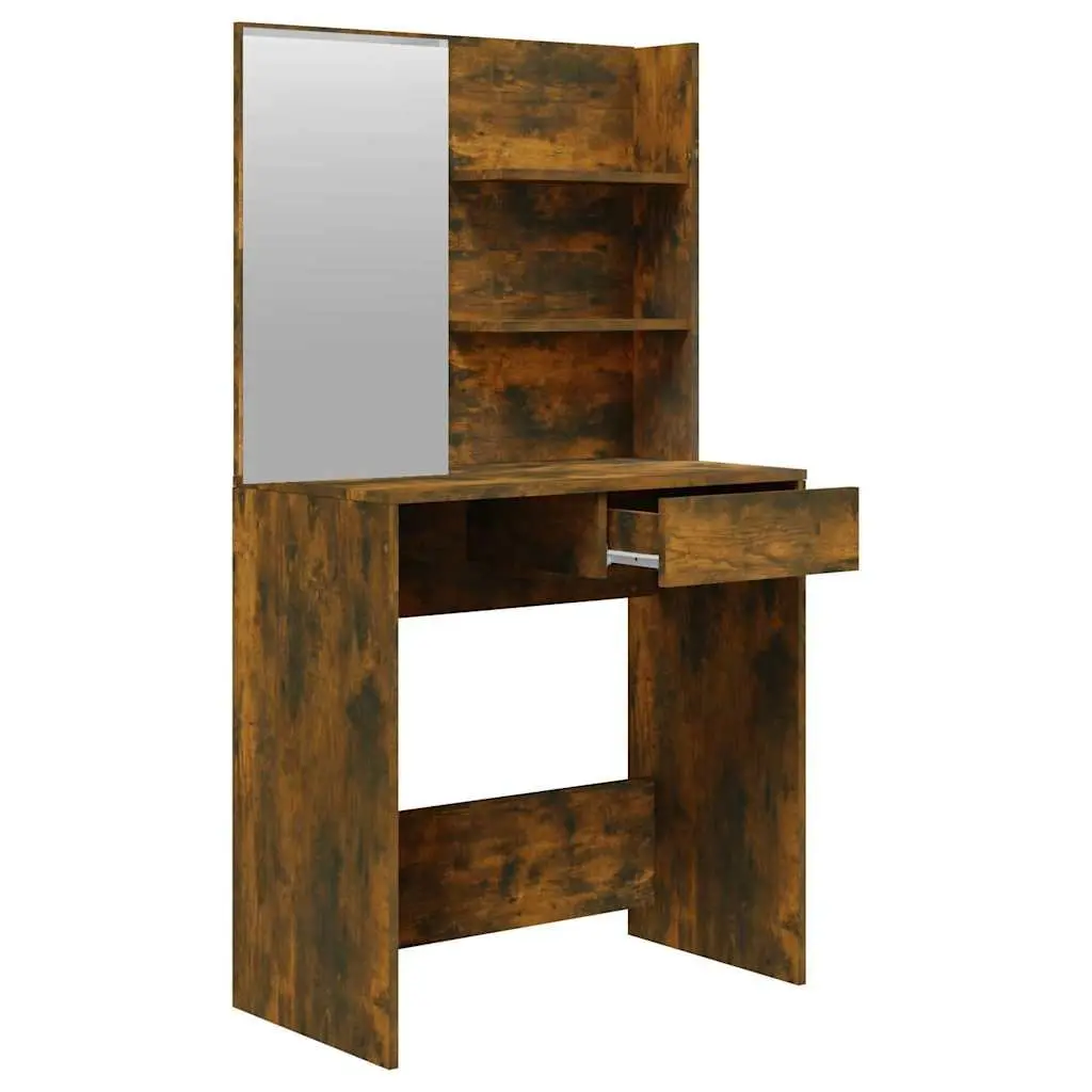 Smoked Oak Brown Dressing Table with Mirror and Storage