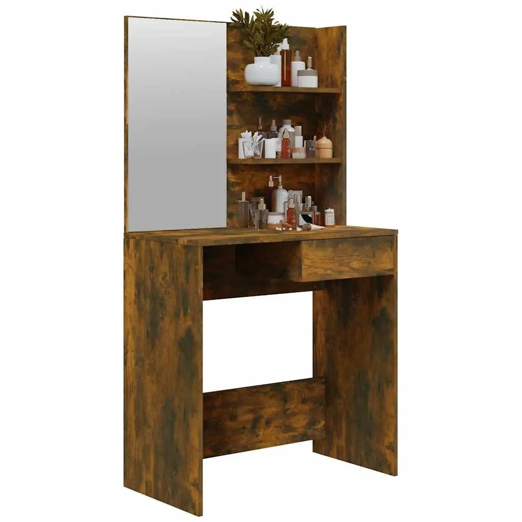 Smoked Oak Brown Dressing Table with Mirror and Storage