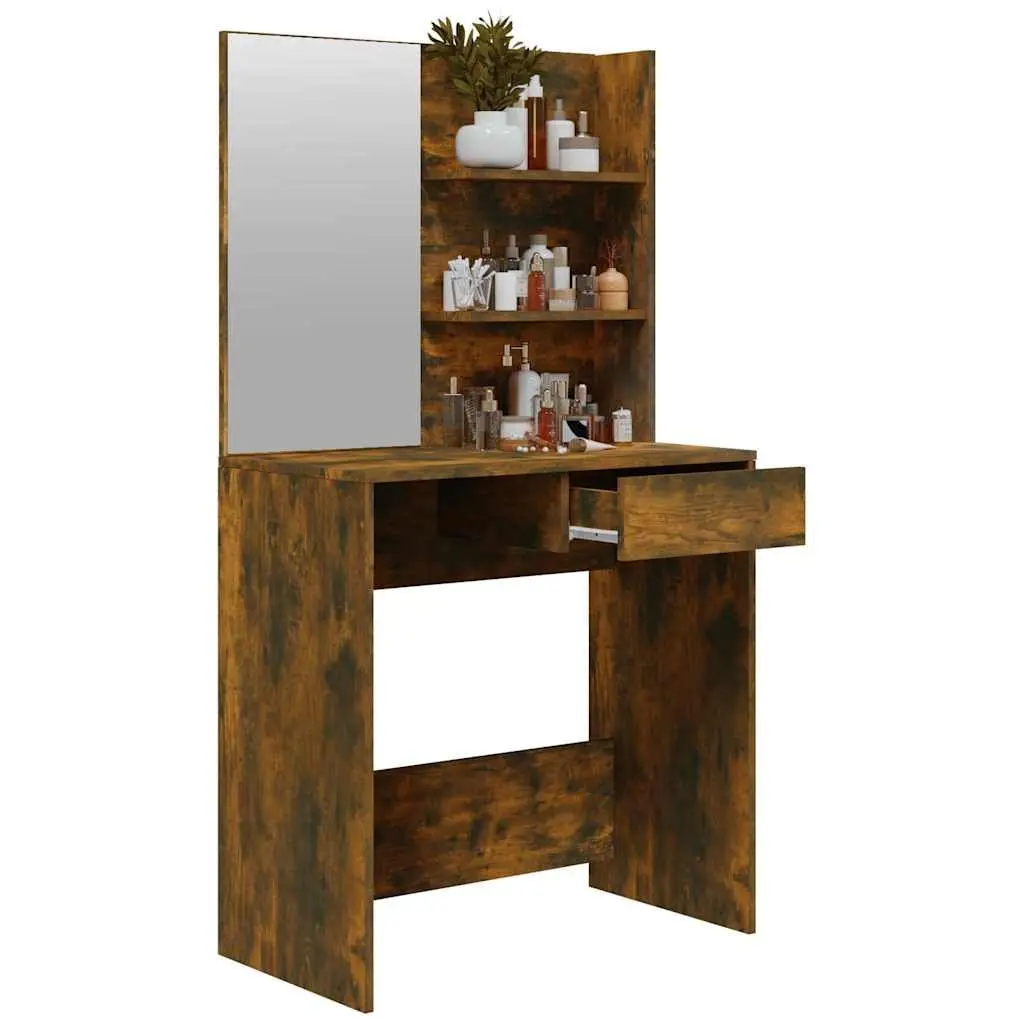 Smoked Oak Brown Dressing Table with Mirror and Storage
