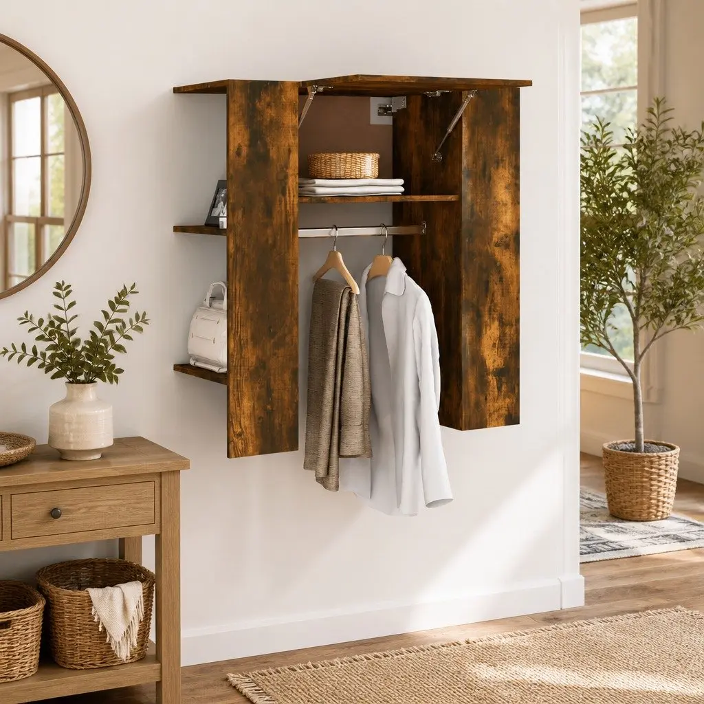 Engineered Wood Hallway Storage Unit Brown Compact Cabinet with Shelves and Clothes Rail