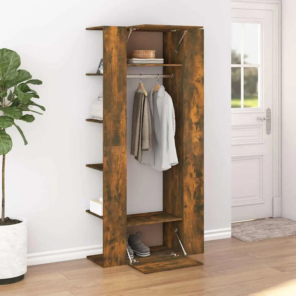Engineered Wood Hallway Storage Unit Brown Compact Cabinet with Shelves and Clothes Rail