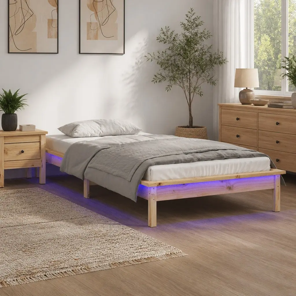 Solid Wood Bed Frame with LED Lights 90x190 cm