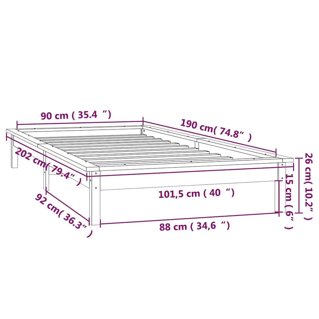 Solid Wood Bed Frame with LED Lights 90x190 cm