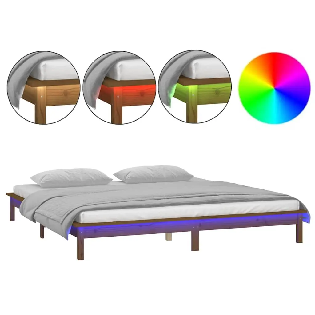 LED Bed Frame Honey Brown 135x190 cm Solid Pine Wood