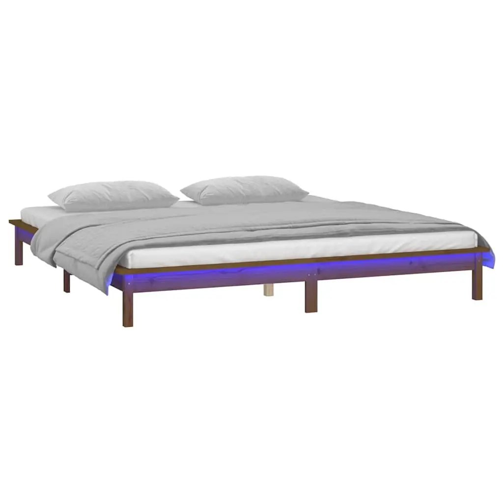LED Bed Frame Honey Brown 135x190 cm Solid Pine Wood