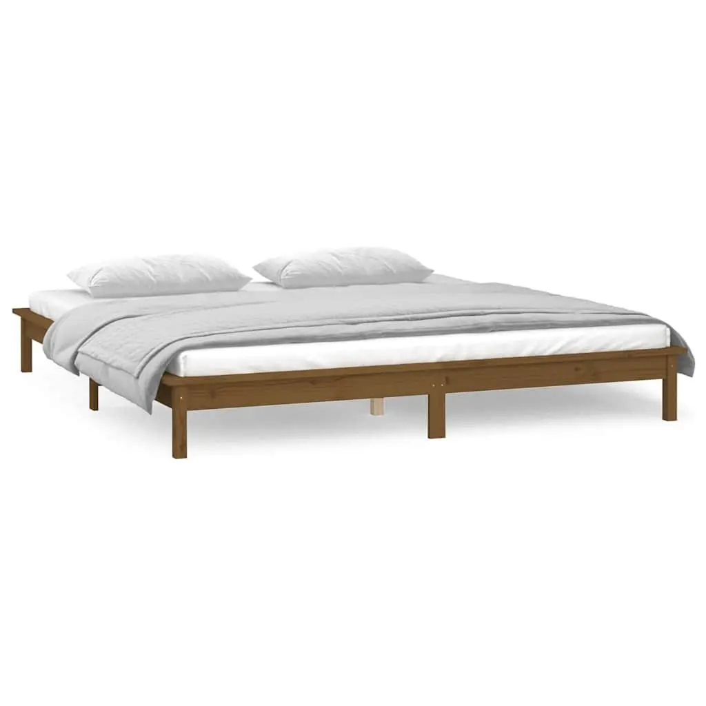 LED Bed Frame Honey Brown 135x190 cm Solid Pine Wood