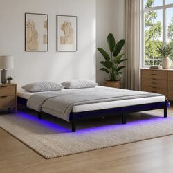 Black Solid Wood LED Bed Frame with Colourful Lights