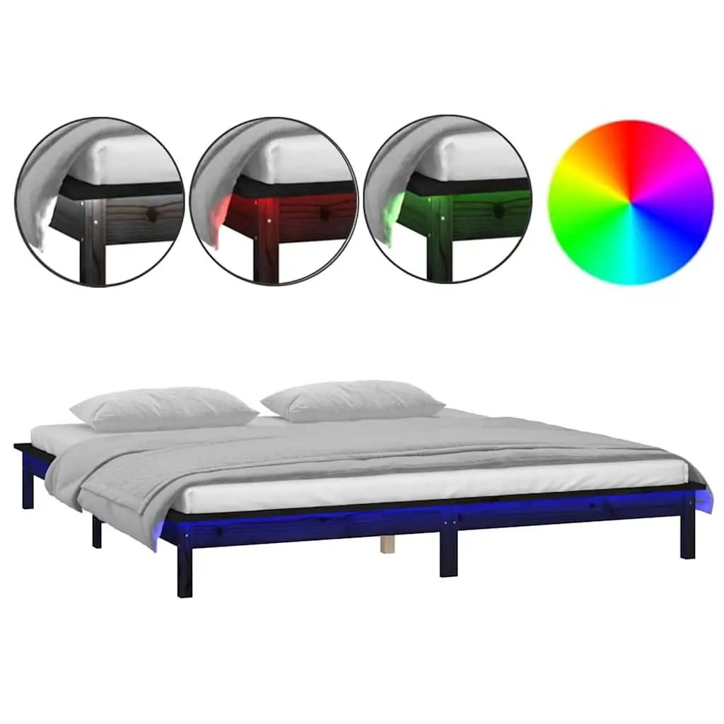 LED Bed Frame Black 135x190 cm Solid Pine Wood with Colourful Lights