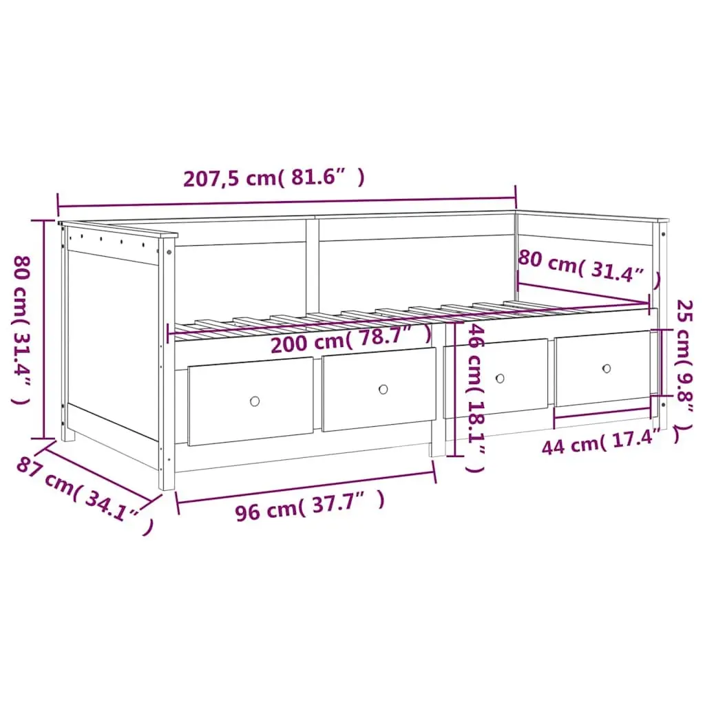 Day Bed Solid Pine Wood Frame 80x200 cm Brown with Storage Drawers